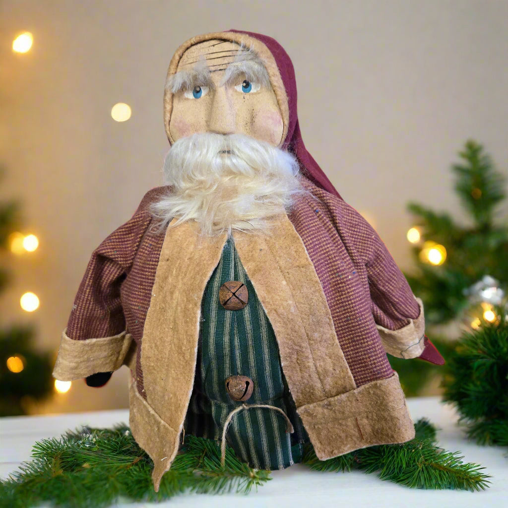 A figurine of a fat Santa Claus with a red suit and white beard, standing against a wooden background.