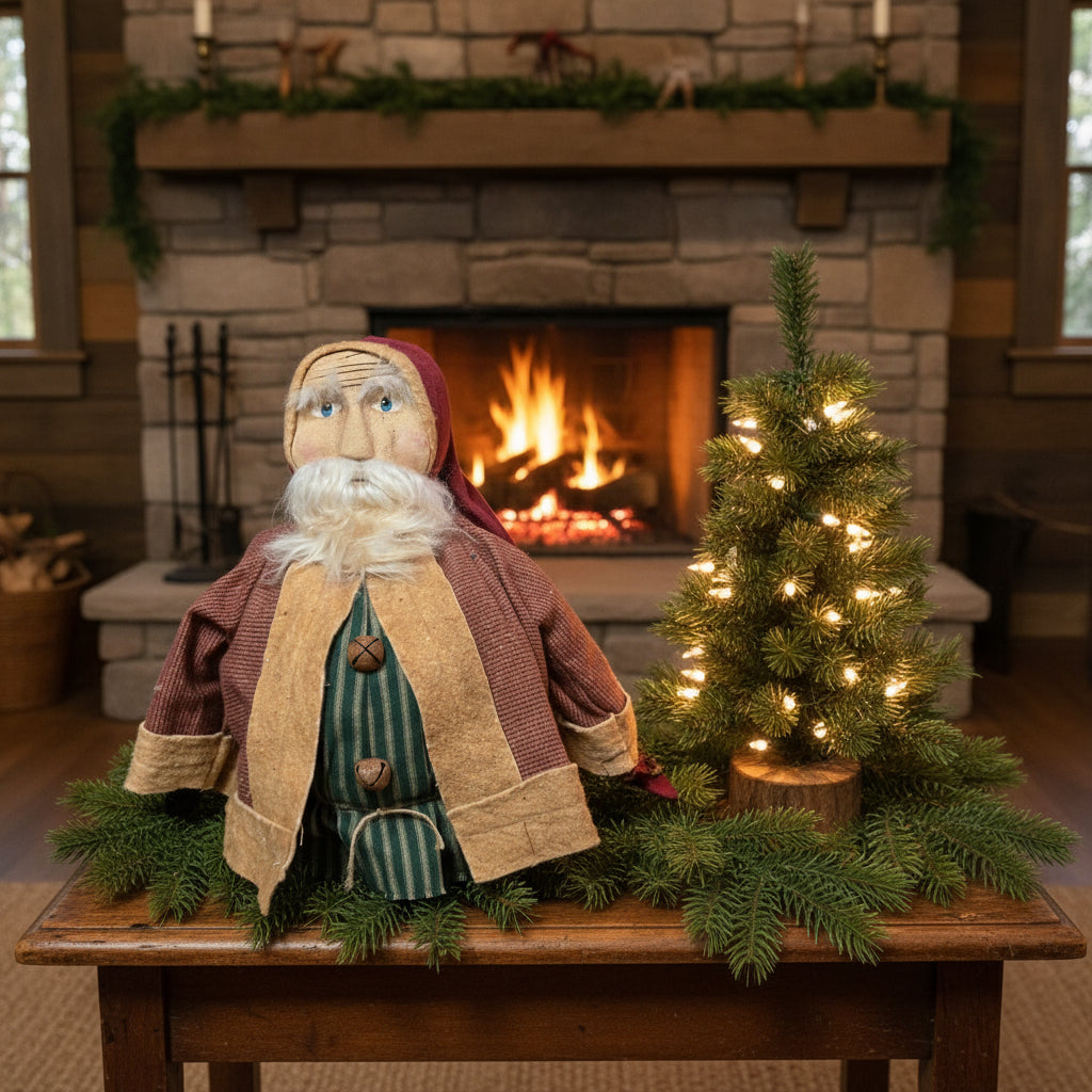 A figurine of a fat Santa Claus with a red suit and white beard, standing against a wooden background.