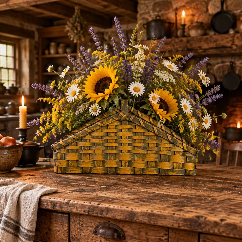 A rustic woven basket centerpiece shaped like a small house, filled with an autumn floral arrangement of sunflowers, daisies, purple lavender, and yellow wildflowers, displayed on a wooden kitchen counter in a warm, candle-lit rustic room.