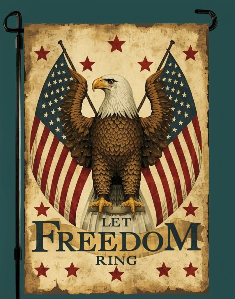 Decorative flag with an eagle and American flags, featuring the text 'Let Freedom Ring'.