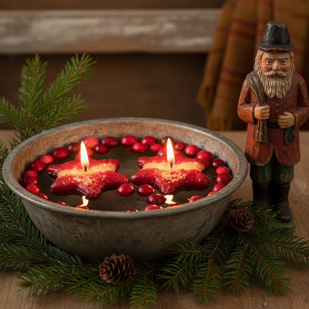 Decorative bowl with floating star-shaped candles, surrounded by greenery and a wooden figurine.