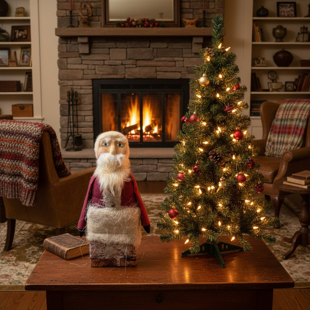 Handmade Santa Claus figurine with Christmas decorations on a wooden table.