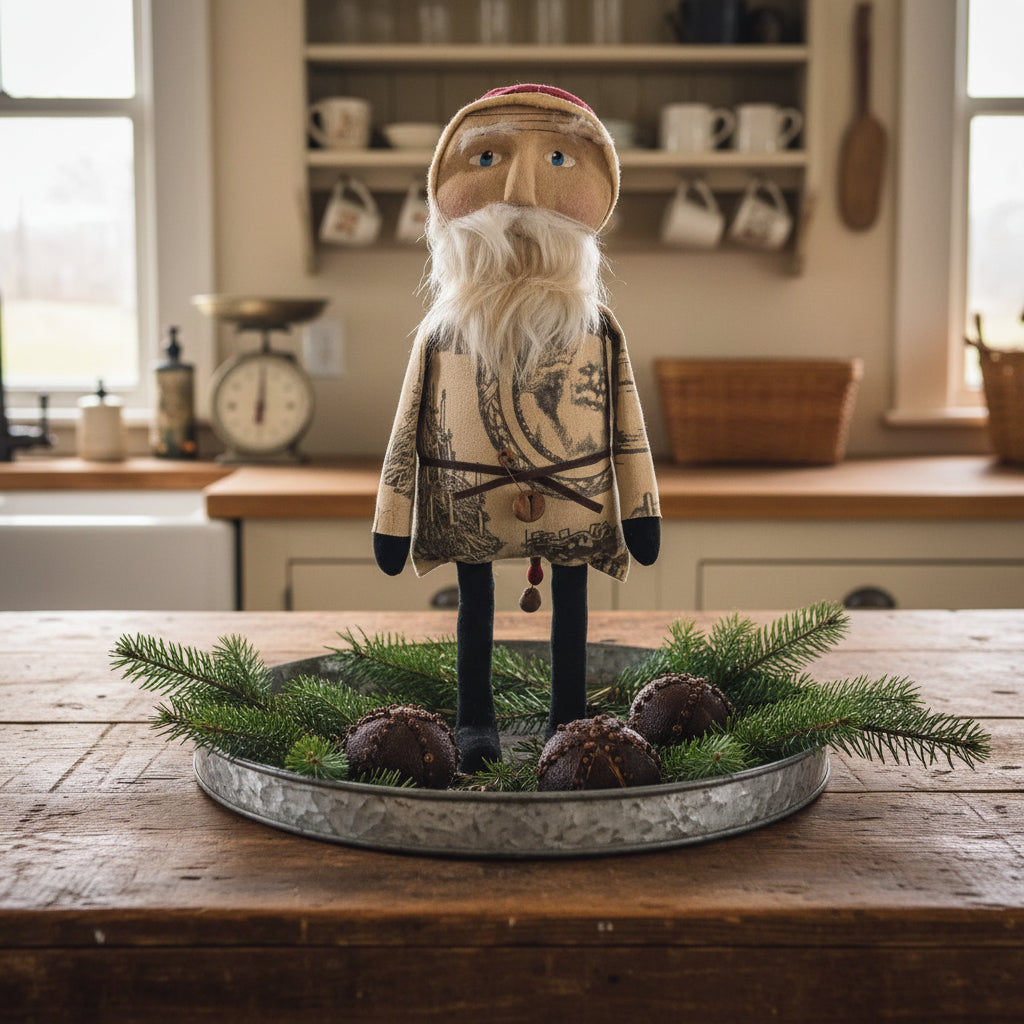 Primitive Santa on a wooden base with white door background.