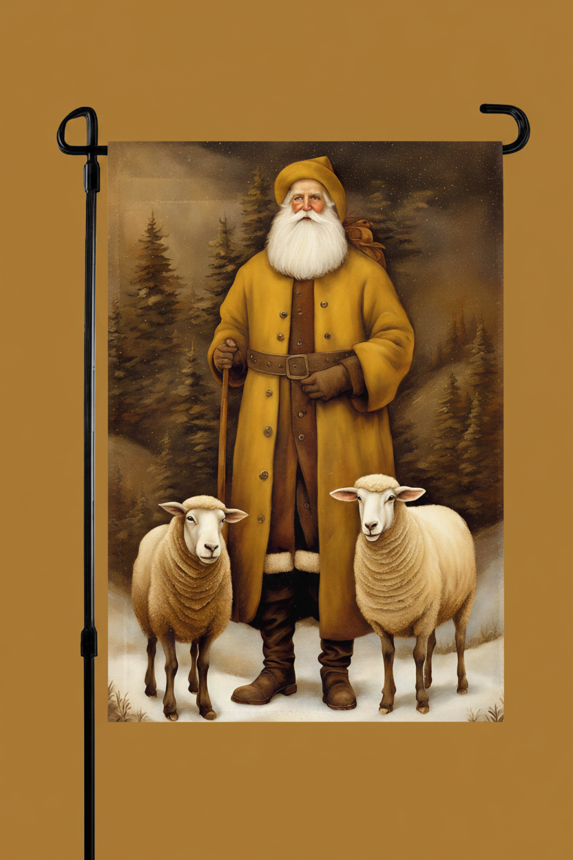 A vertical garden flag featuring an illustration of Santa Claus in a yellow coat standing in a snowy forest with two sheep, displayed on a black metal stand against a solid brown background.