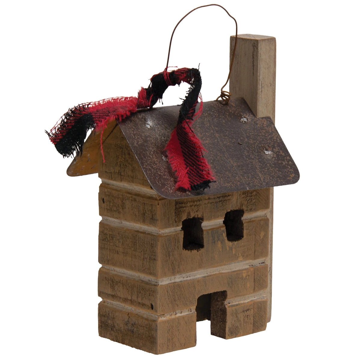 Wooden birdhouse with red and black decorative elements on a white background