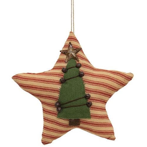 Star-shaped Christmas ornament with a green tree design on a white background