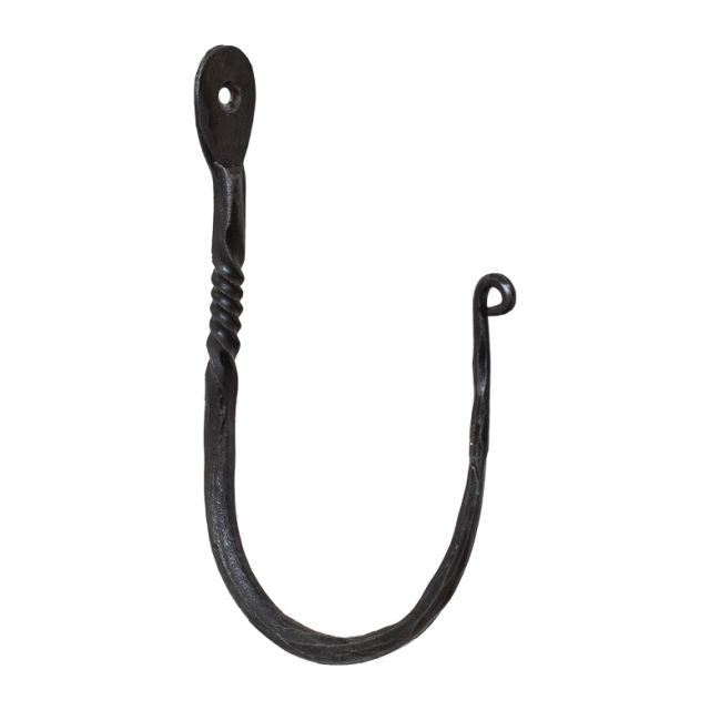 A twisted wrought iron wall hook with a curved hook and a twisted handle, isolated on a white background.