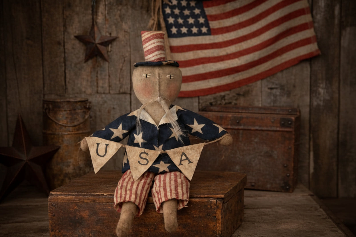 Two patriotic dolls with an 'USA' banner in front of an American flag.