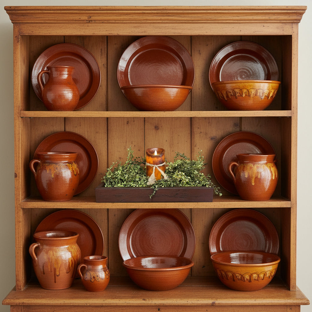 Wooden shelf with terracotta ceramic dishes and a candle