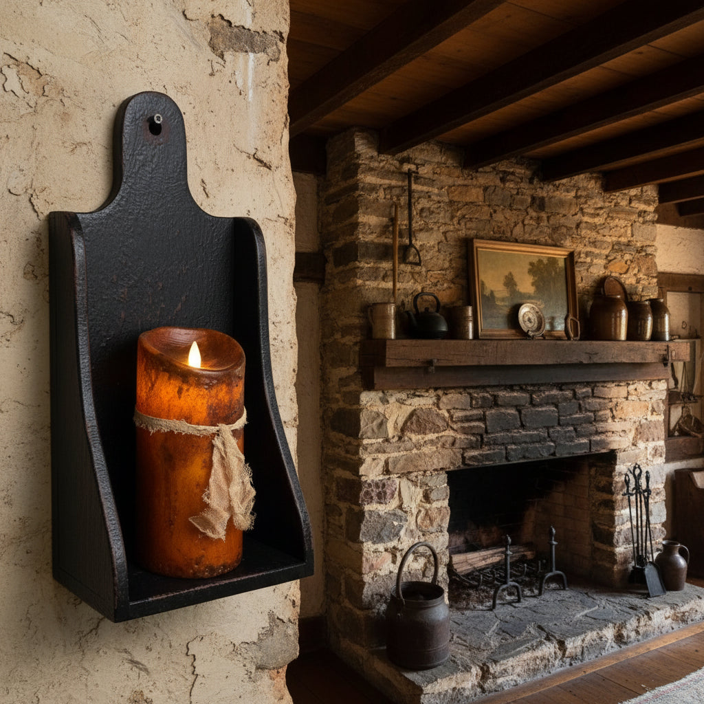 Battery operated pillar candle in a black wooden sconce against a wooden background