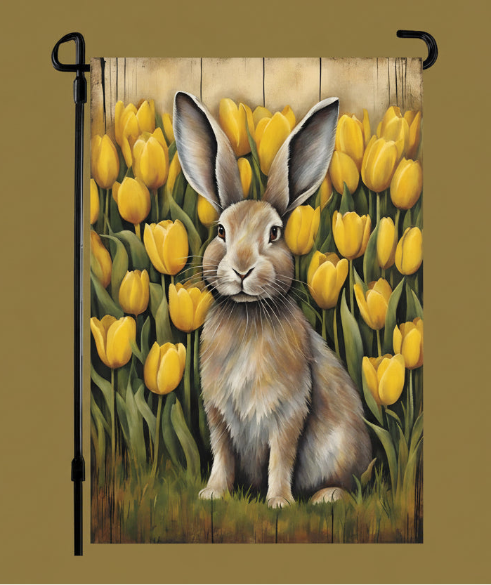 Garden flag with a rabbit and yellow tulips.