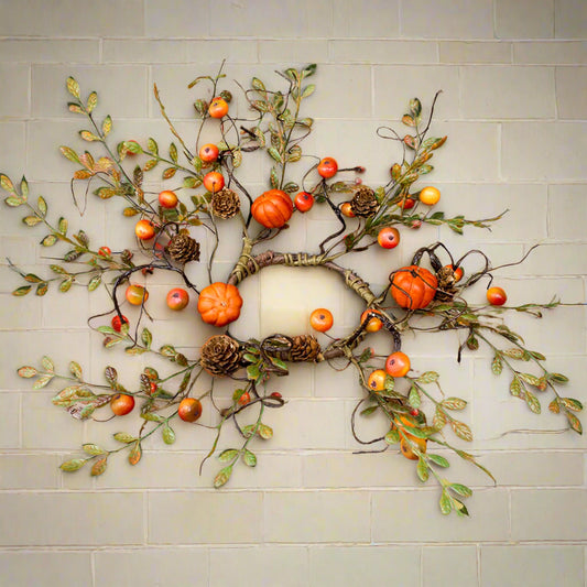 A candle ring made up of pumpkins and berries arranged on a wooden surface.