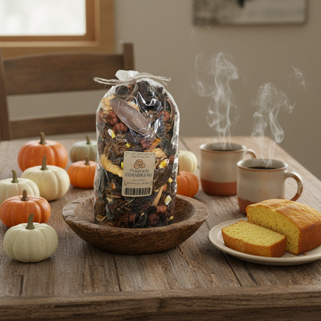 Bag of dried herbs and spices with a label on a dark background