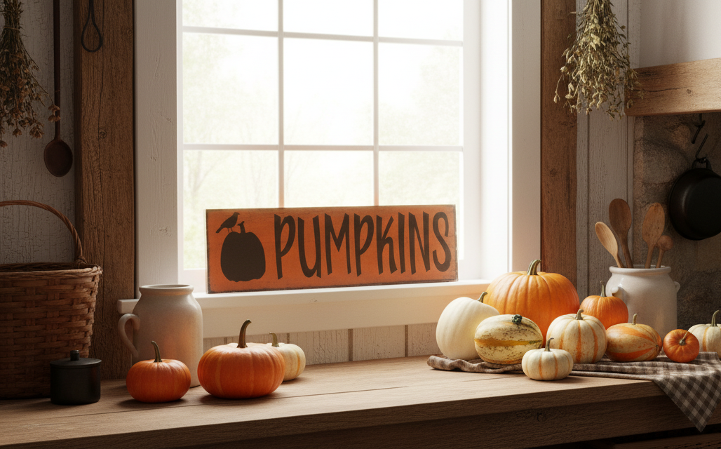 Kitchen with pumpkins on a counter and a 'Pumpkins' sign on the wall.