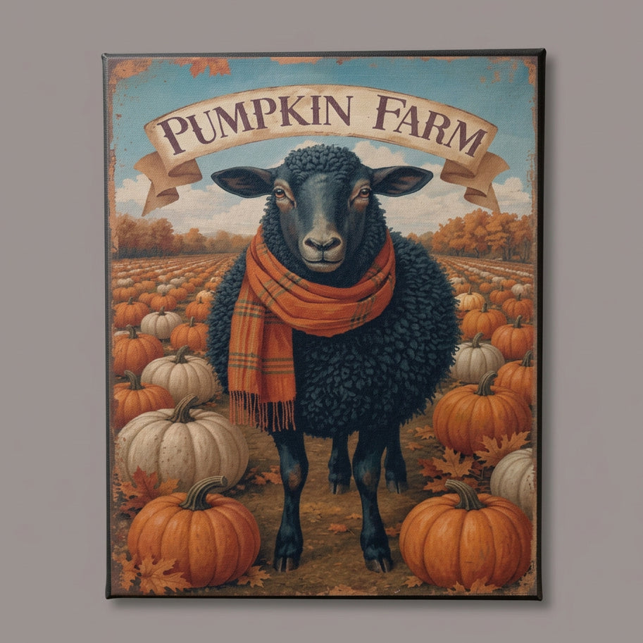 A rustic decorative sign featuring a black sheep in an orange scarf among pumpkins, with a banner reading 'Pumpkin Farm,' mounted on a weathered wooden surface.
