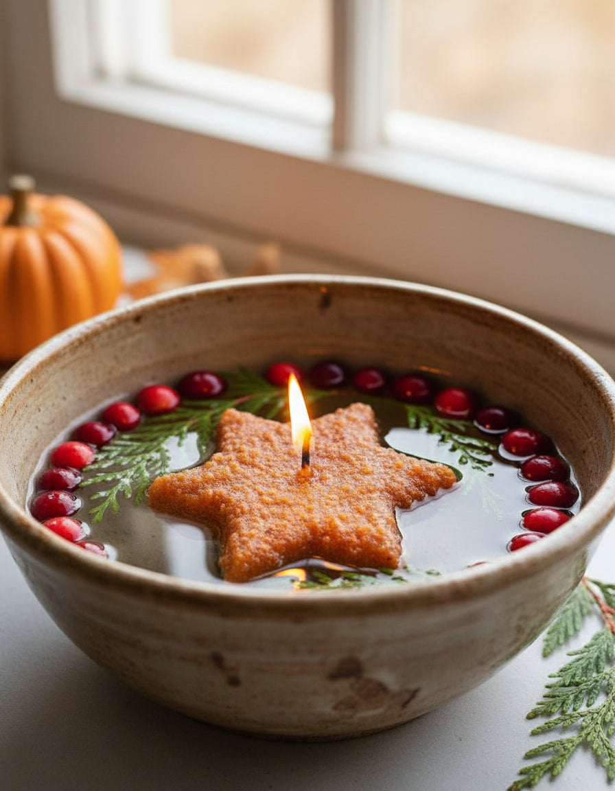 A pumpkin-shaped floating candle floating in water with greens and berries.