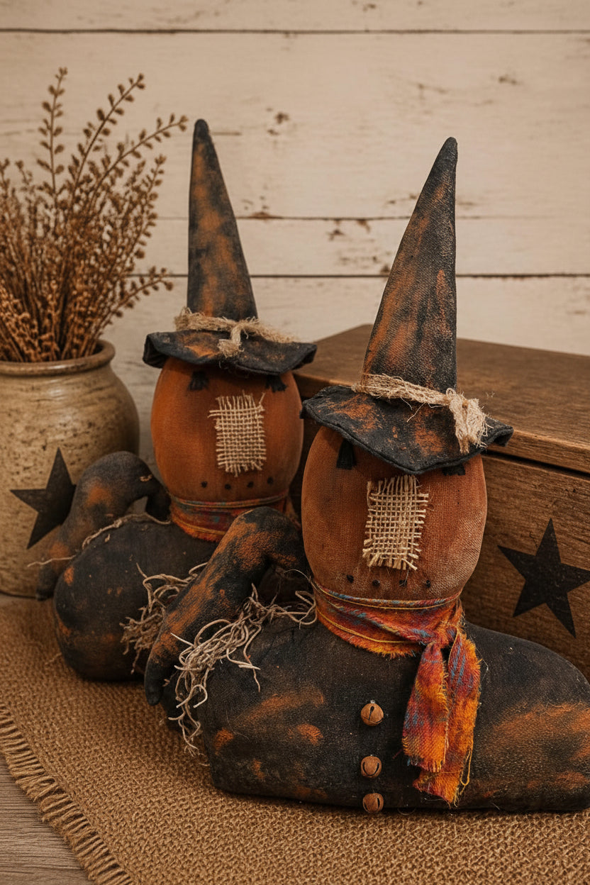 A rustic Halloween decorative figure shaped like a seated figure wearing tall pointed witch hats, a burlap face patch, and an orange plaid scarf, styled with dried grass in a ceramic pot and a wooden box on a burlap runner. The text 'Primitive Kreations Wholesale' appears in the upper right.