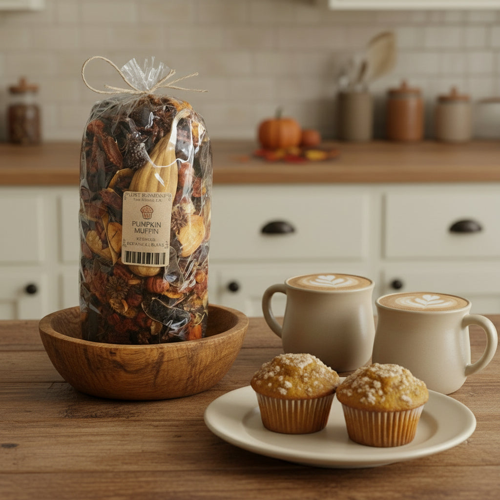 Bag of pumpkin potpourri mix in a wooden bowl with muffins and coffee on a kitchen counter.