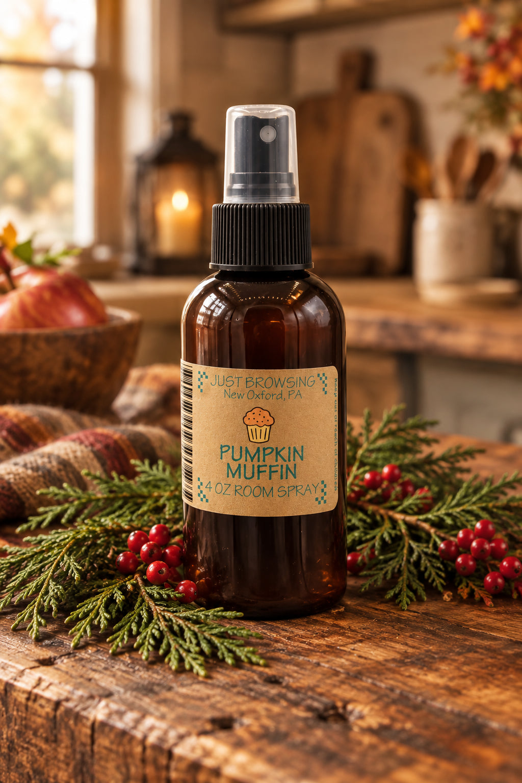 A 4oz bottle of Pumpkin Muffin room spray with a mist spray top. The label features the product name and an image of a cupcake.