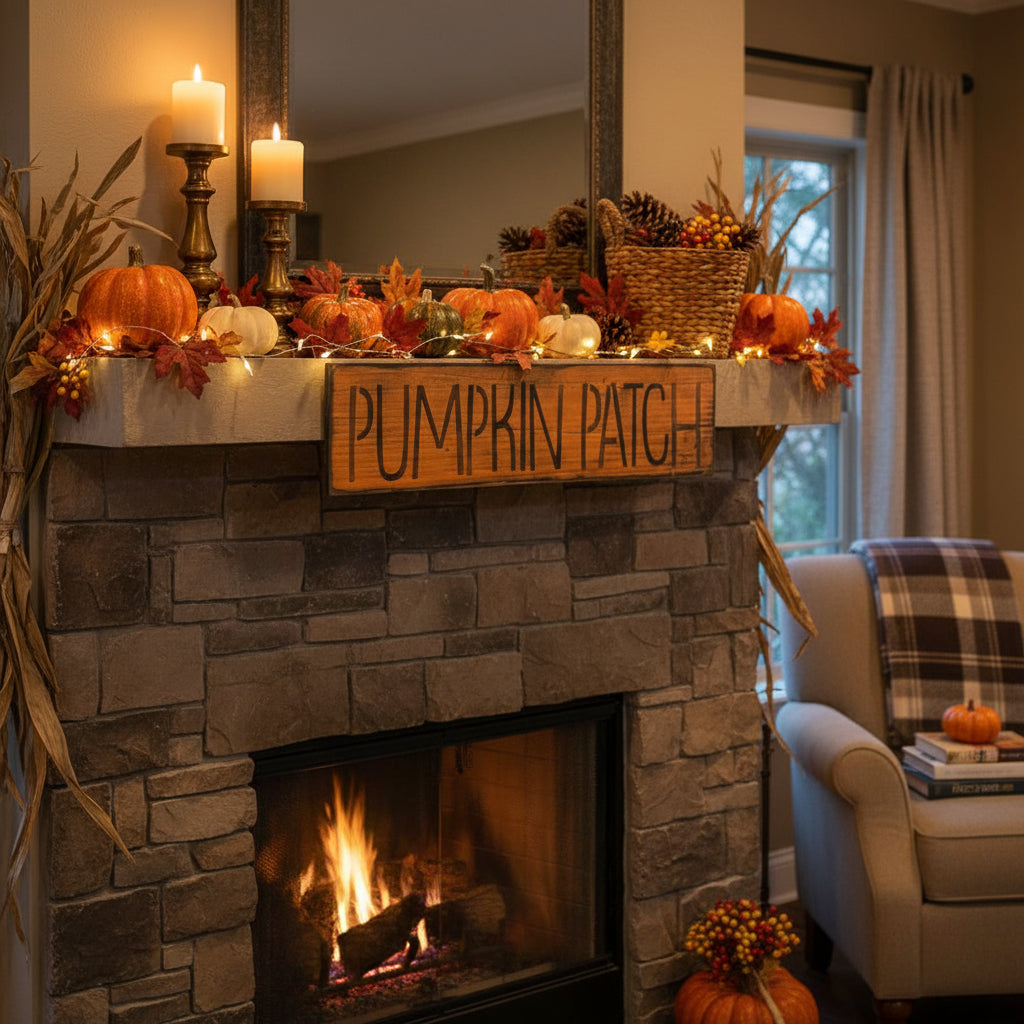 Pumpkin Patch wood sign on a mantel decorated for Fall.