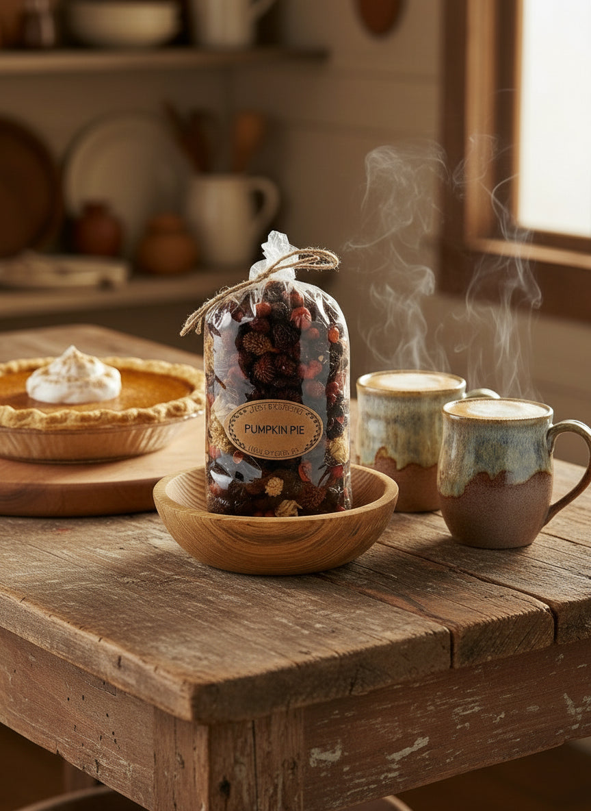 Spiced pumpkin pie with a potpourri bag on a wooden table in a kitchen setting.