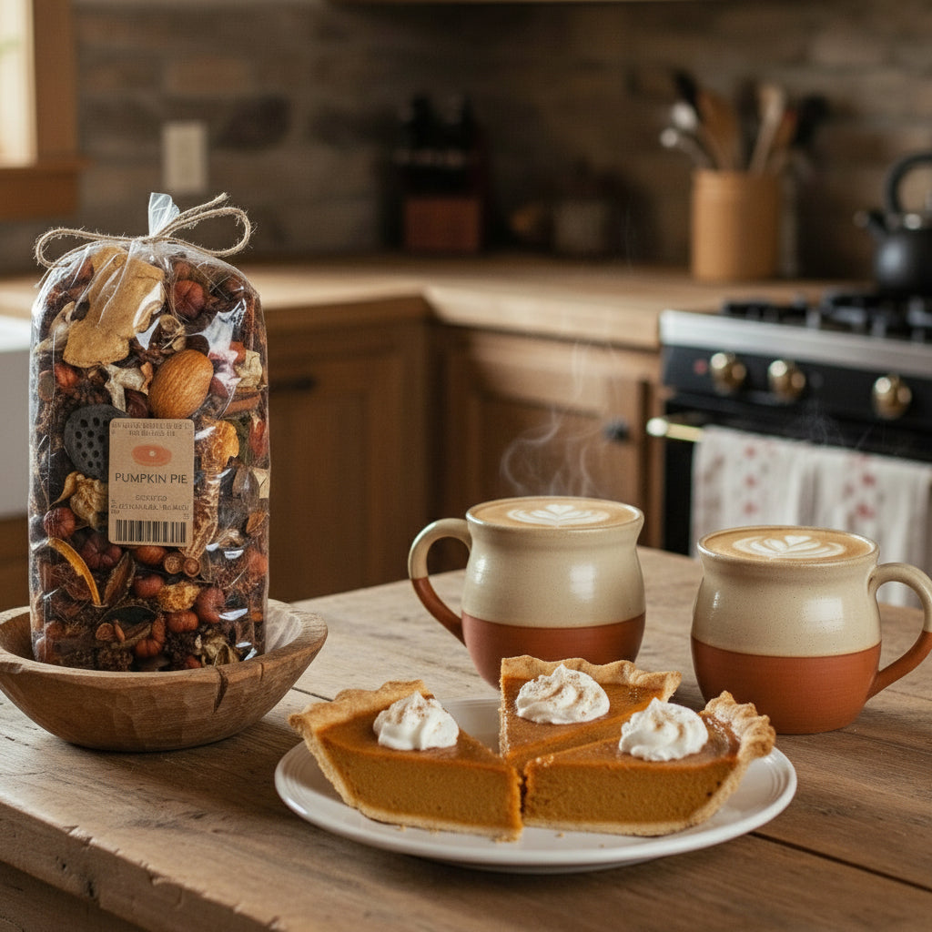 Pumpkin pie potpourri in a wood bowl in a kitchen setting.