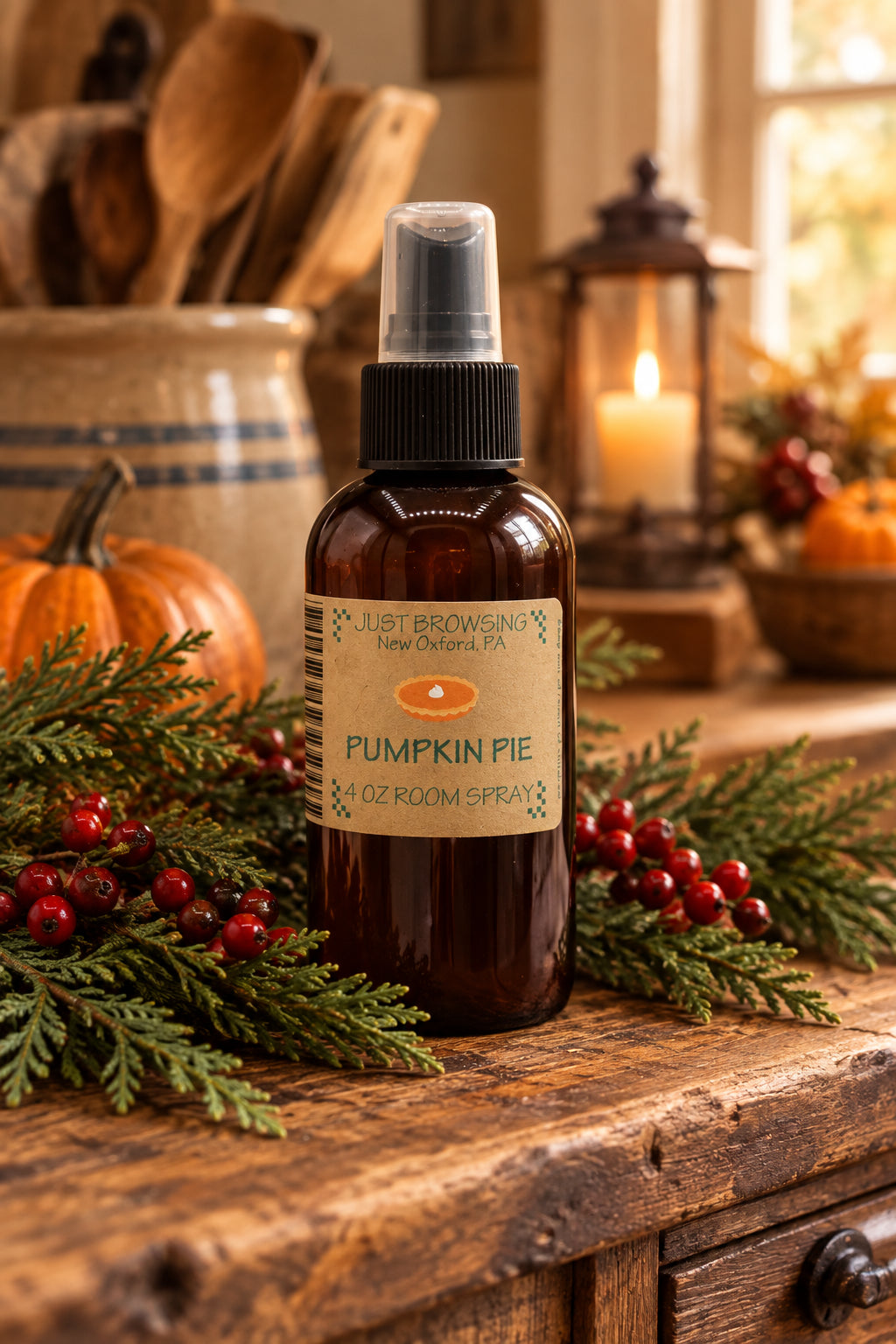 A 4oz bottle of Pumpkin Pie room spray with a mist spray top. The label features the product name and a brief description.