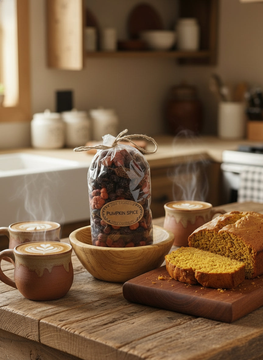 Pumpkin spice bag, bread, and mugs on a wooden table in a kitchen setting.