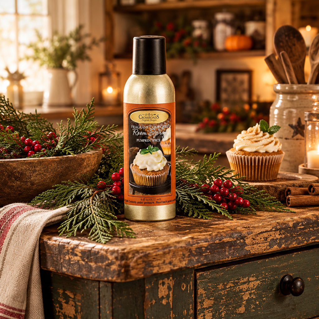 Pumpkin spice room spray with a cupcake on the label against a white background