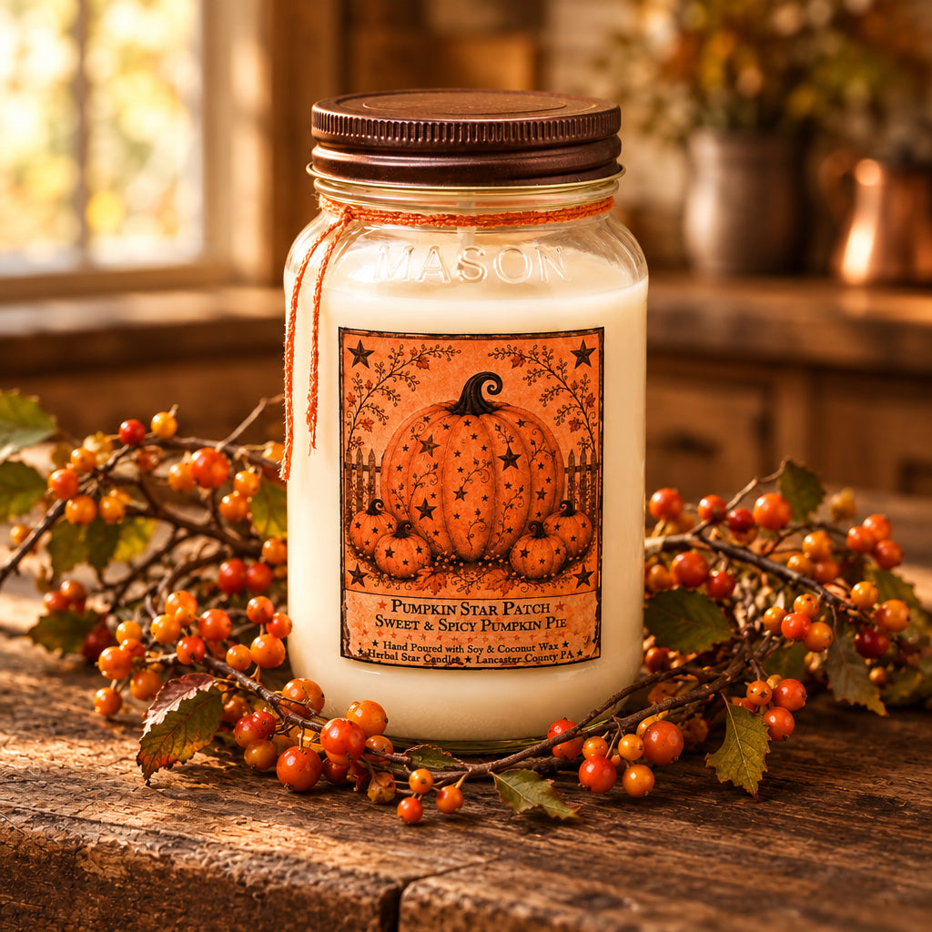 A mason jar candle with a brown lid and a decorative autumn-themed label reading 'Pumpkin Star Patch Sweet & Spicy Pumpkin Pie,' styled on a rustic table with pumpkins, berries, leaves, and a pie in the background.