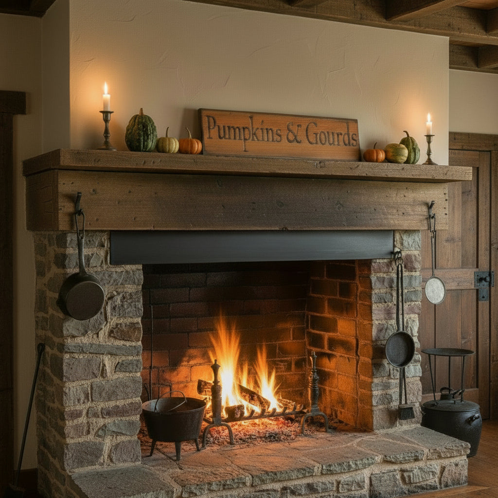 Pumpkins and Gourds sign on a colonial mantel.