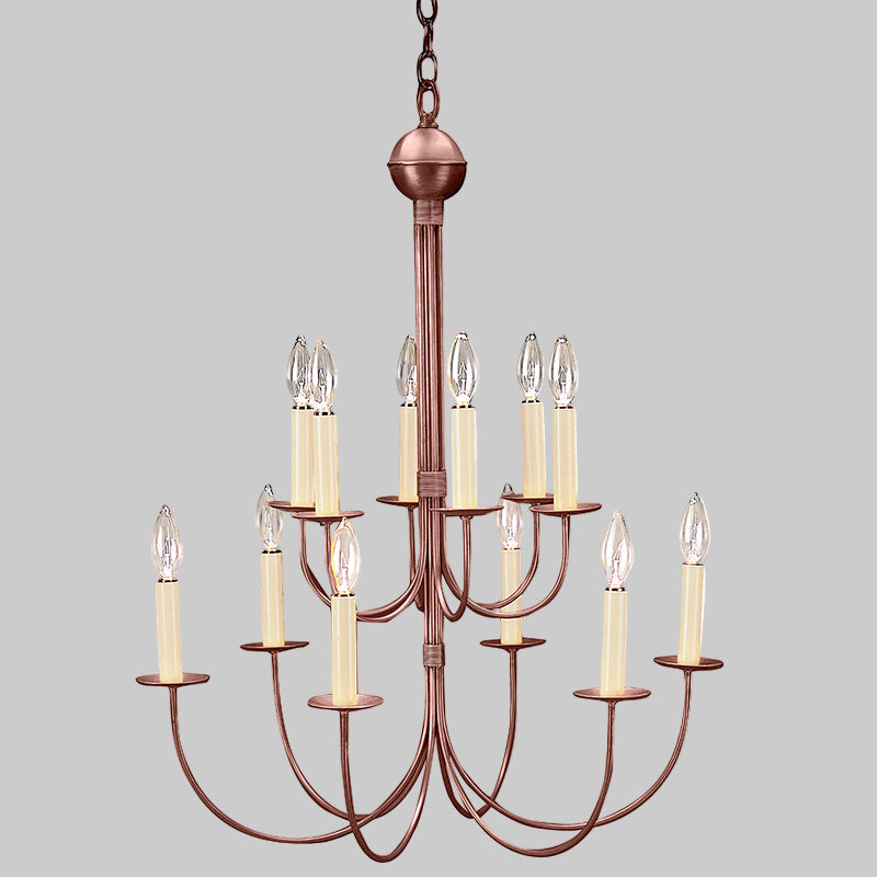 Bronze chandelier with multiple candle-style lights on a white background