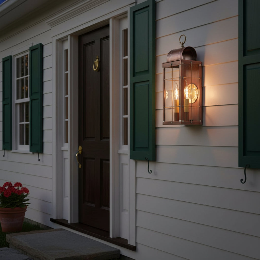 An antique copper Queen Arch lantern with a clear glass enclosure and brass-tone hardware, featuring two light bulbs inside, mounted on a colonial home.