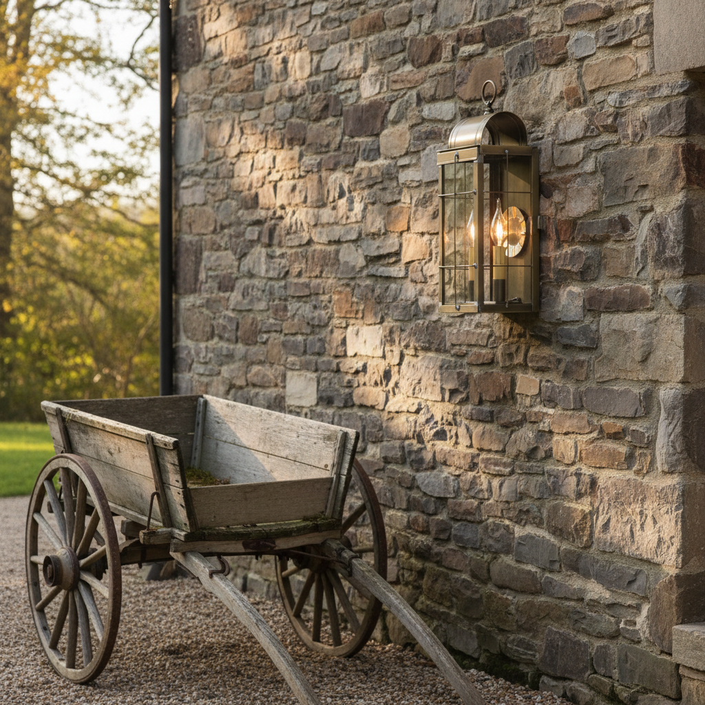 Wooden cart in front of a stone wall with a lantern