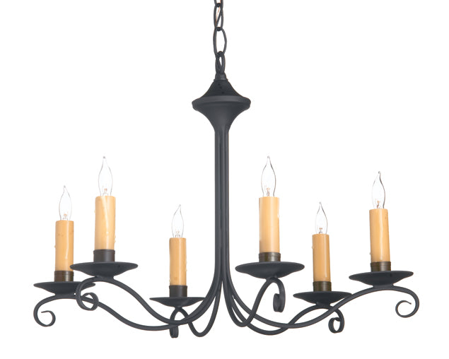 6 arm wrought iron chandelier with candle sleeves resembling beeswax