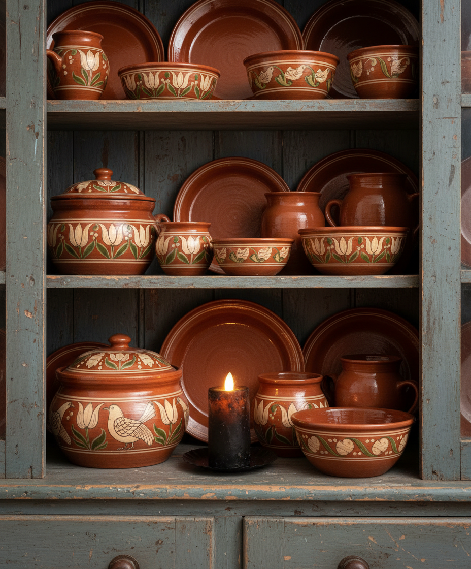 Collection of terracotta pots and plates on a wooden shelf with a lit candle.
