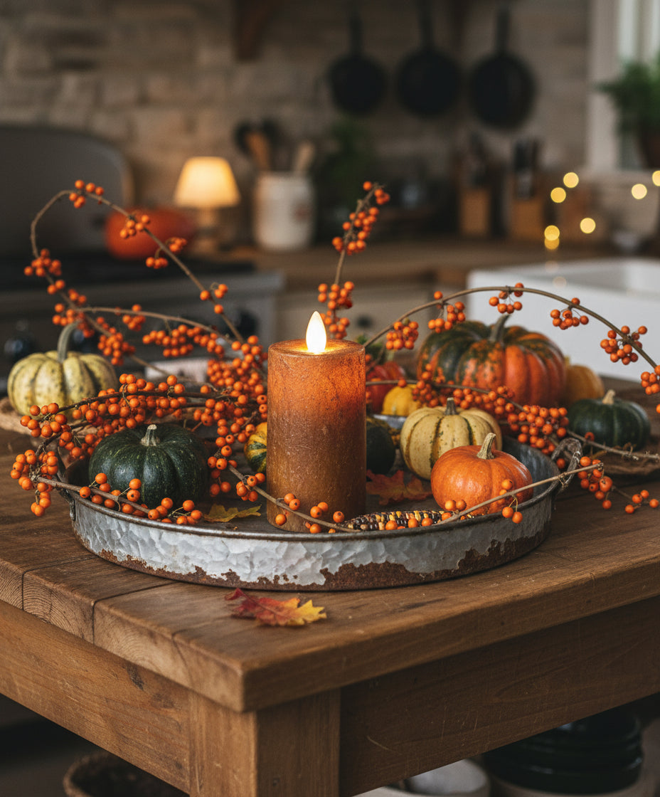 Realistic moving flame mini pillar candle with a brown wax, flickering flame on top, placed on a black round holder.