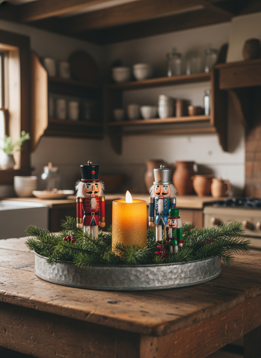 Decorative setup with nutcrackers and a candle on a wooden table in a rustic kitchen.