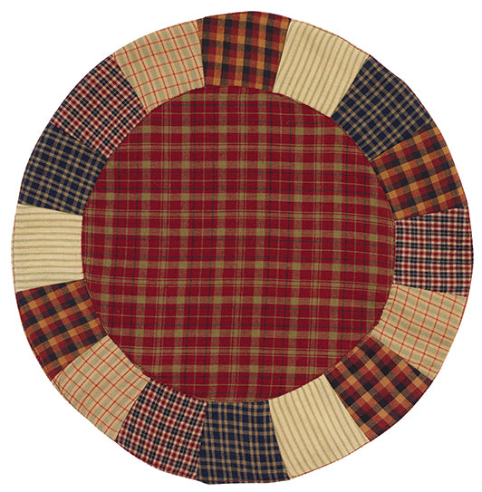 A round placemat with a red and blue plaid pattern in the center surrounded by a ring of various solid-colored fabric stripes.