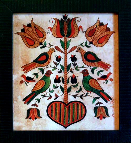 A painting of tulip flowers with red and green colors and birds perched on them, signed and numbered by the artist.