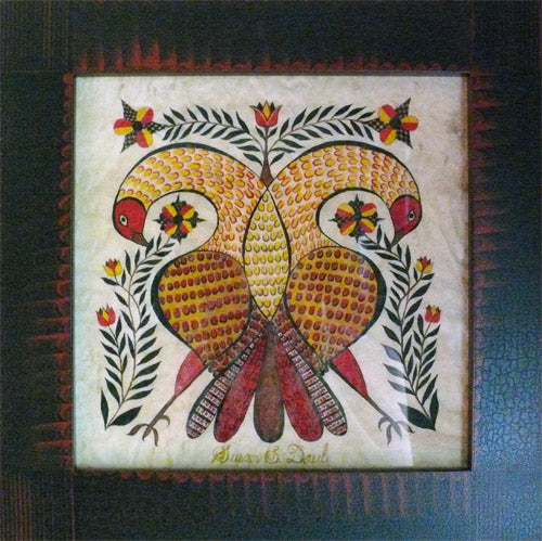 A signed and numbered limited edition fraktur print featuring a red and yellow birds entwined design with floral elements and a dark background.