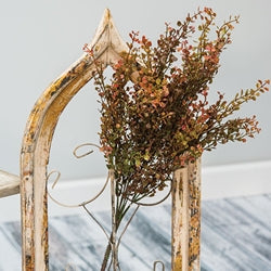 A bunch of Red Pepper Grass with small round leaves in variegated shades of red, arranged in a vase against a rustic background.