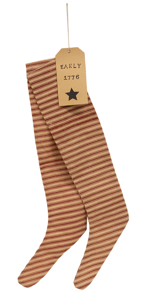 Red stripe stocking ornaments with tag on white background.