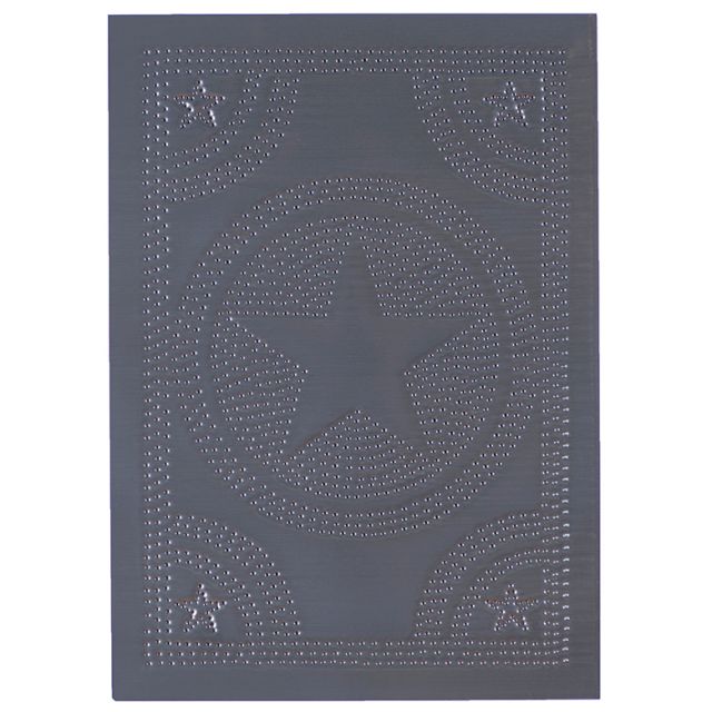 A metal cabinet door with a regular star design and a country tin finish.