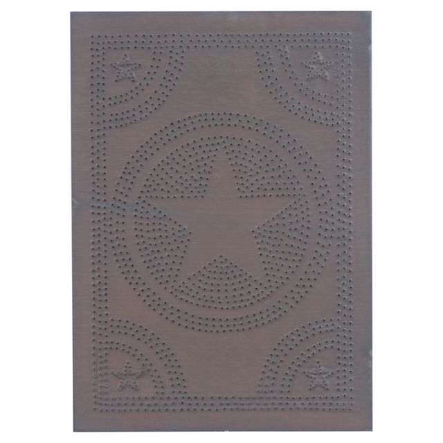 A tin metal punch panel with a star pattern design, used for enhancing cabinet doors or for furniture projects.