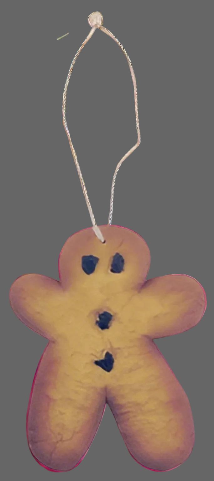 Golden-brown gingerbread man ornament with dark eyes, two buttons, and a string hanging loop.