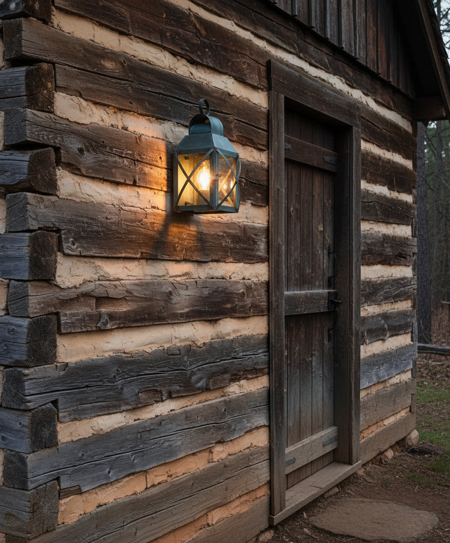 A wall-mounted Revere lantern with a Verdi Gris finish, made from copper, featuring a cylindrical shape with a decorative top and a lit window.