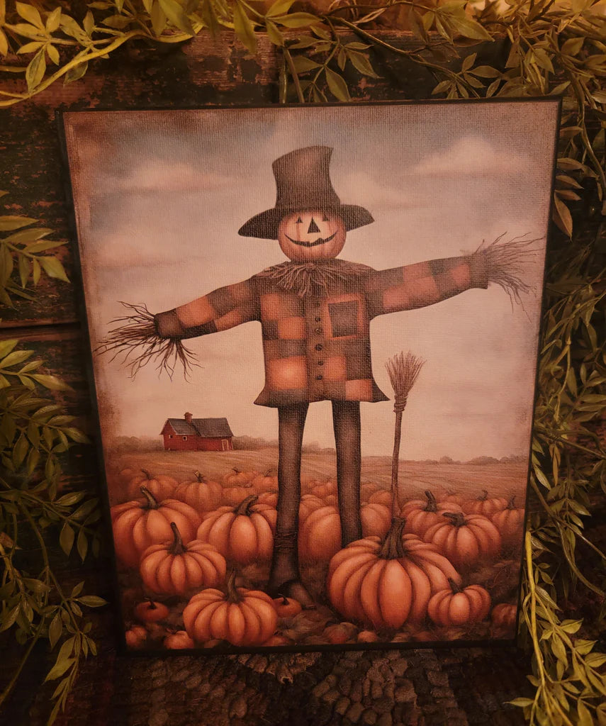 Plaid Coat Scarecrow With Broom Canvas Print