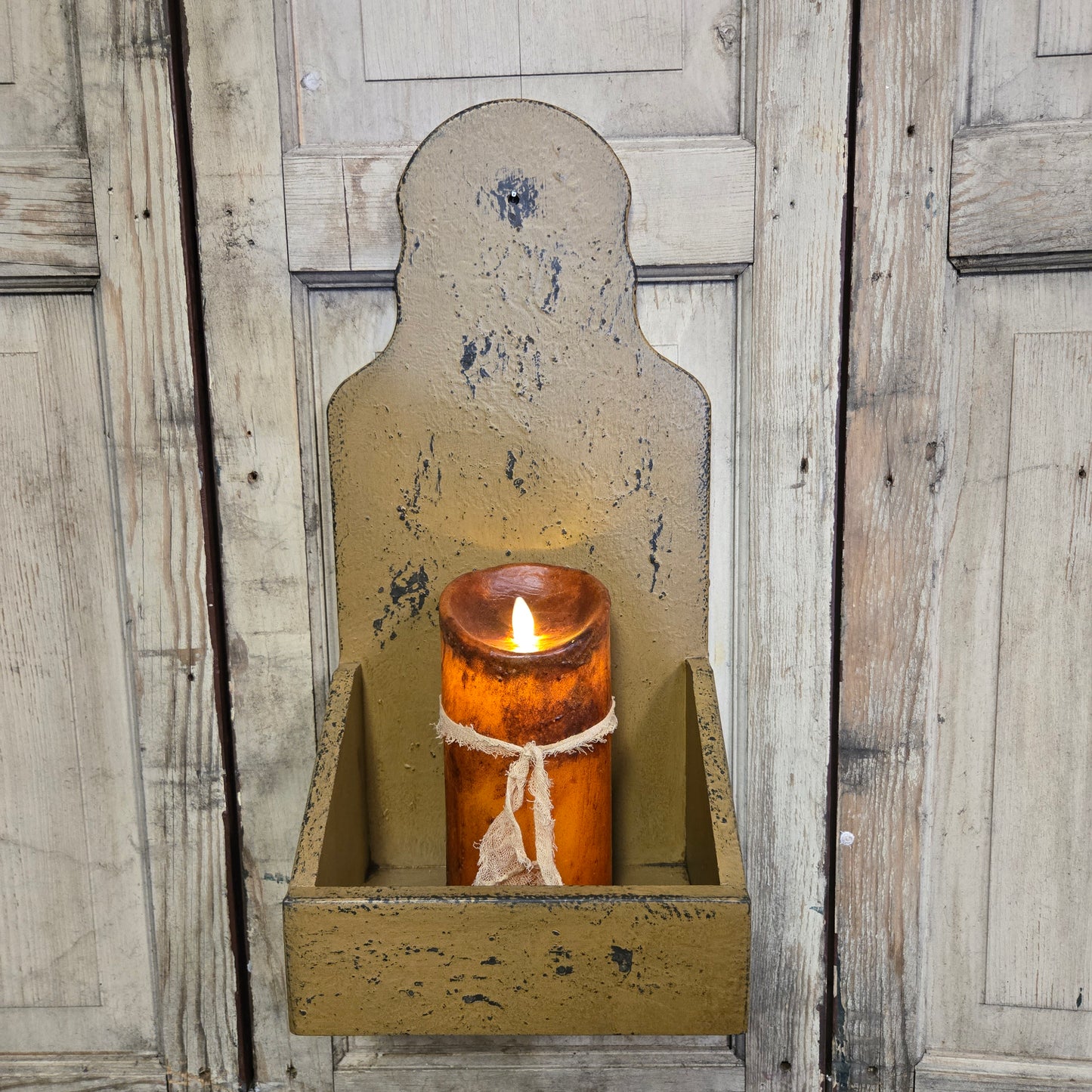 Large Wooden Sconce Candle Holder Mustard