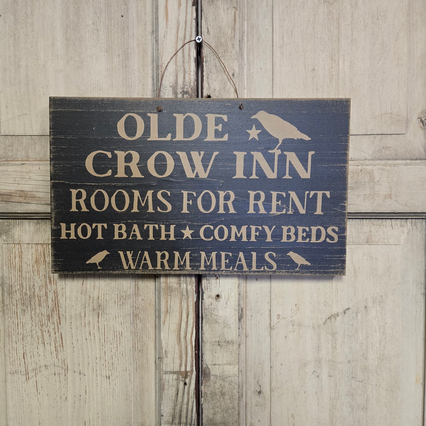 Olde Crow Inn Wood Sign Black with Mustard Lettering